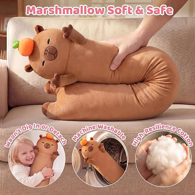 Mewaii Long Capybara Body Pillow Plush 5 Sizes, 120% Extra Filling Giant Plushness Kids Body Pillow, Kawaii Cute Capybara Capibara Stuffed Animals Plushies, Big Long Body Pillow Gift for Girls 20”