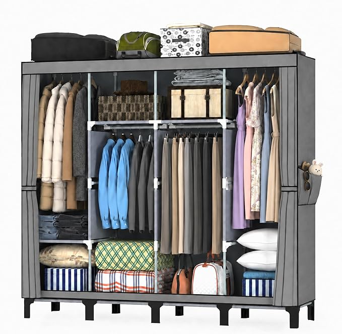 Portable Closet Wardrobe Closet for Hanging Clothes with 4 Hanging Rods for Bedroom, Non-Woven Fabric Clothes Closet for Living Room Easy Assemble (Gray, 4 Columns, 66.9 inch Width)