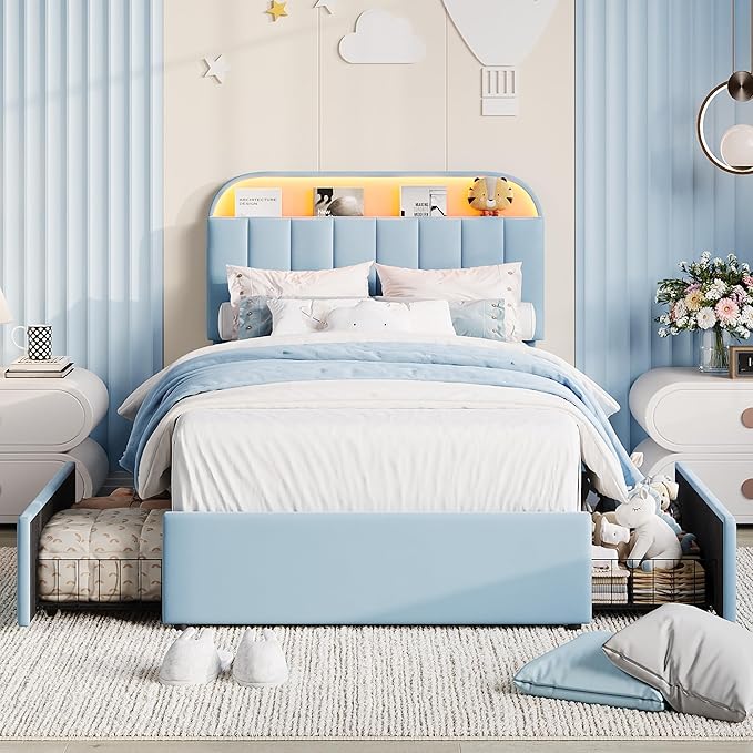 Garvee Twin Size Bed Frame with 2 Flexible Drawers, Velvet Upholstered Platform Bed Frame with Bookcase Headboard and LED Lights, Kids Bed for Boys, Easy Assembly, Noise Free, Blue