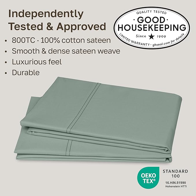 California Design Den Standard/Queen Size Pillow Cases Set of 2 - Luxuriously Soft and Thick 800 Thread Count, Smooth Sateen, Natural 100% Cotton Pillowcases Queen, Durable -Sage Green