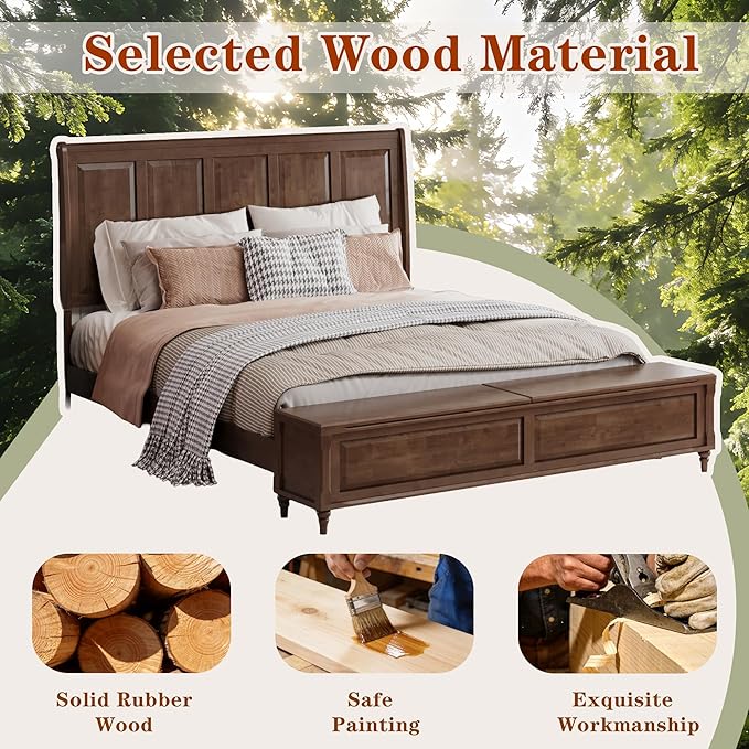 KEIKI King Size Platform Bed Frame with Storage Chest, Wooden Sleigh Bed with High Headboard and Footboard Storage Bench, Solid Wood Construction, No Box Spring Needed, Walnut Brown