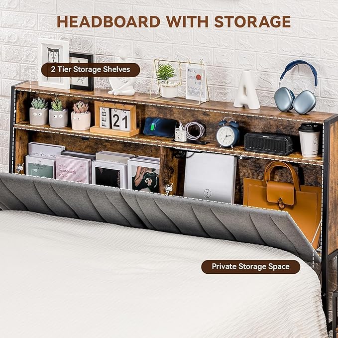 COMHOMA Queen Size Platform Bed Frame with LED Lights and Charging Station, Storage Headboard and Footboard Drawers, No Box Spring Needed, Rustic Wood Look