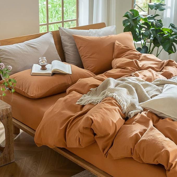 MooMee Bedding Duvet Cover Set 100% Washed Cotton Linen Like Textured Breathable Durable Soft Comfy (Solid Burnt Orange, Palatial King/Oversized King 120"x98")