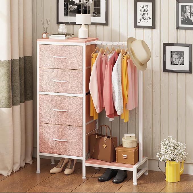 HIGDBFE Dresser with Hanging Rack, 4 Drawers Small Closet for Bedroom, Reversible Fabric Kids Chest of Drawers with Clothes Rack, Tall Storage Tower, Sturdy Frame, Pink, 44''H
