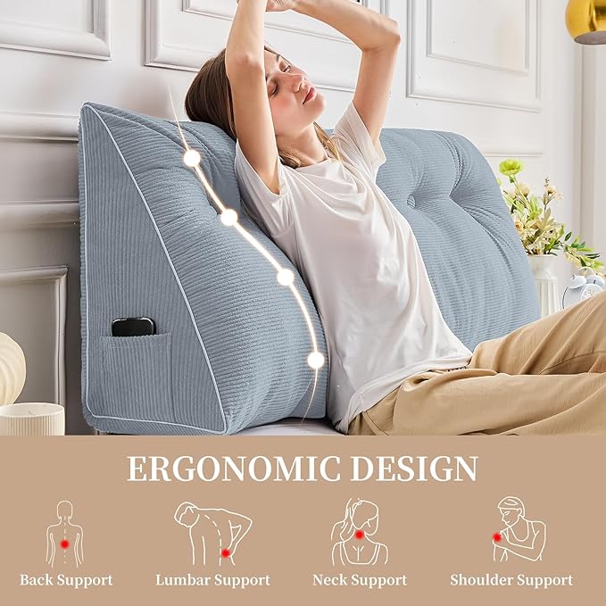 Sasttie Headboard Pillow Twin/Twin XL, Wedge Pillow Headboard for Dorm, Triangular Daybed Backrest Cushion for Sitting or Reading in Bed, with Removable Washable Cover, Greyish Blue