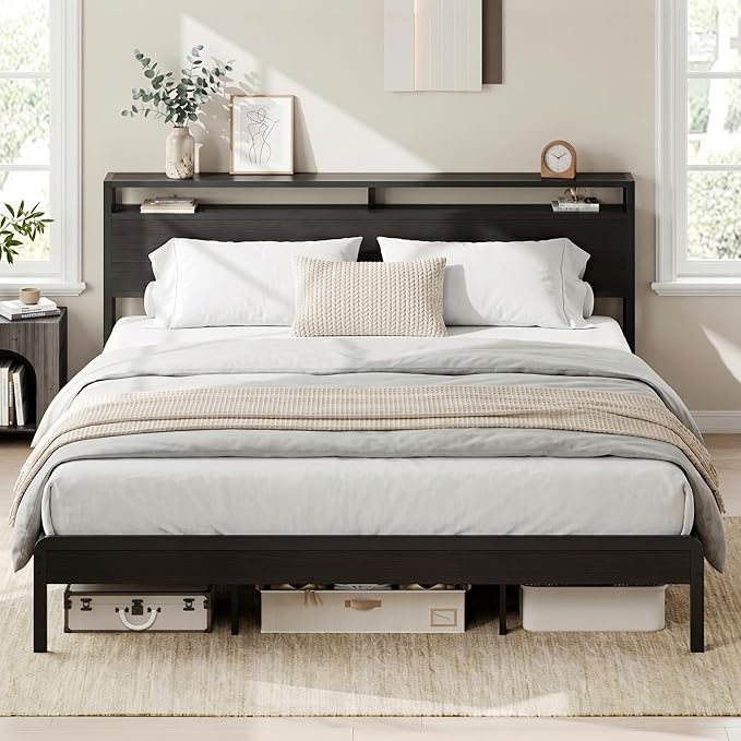 LIKIMIO King Bed Frame with Headboard, Dark Wood Camas King with Strong Supports, Sturdy, Noise-Free, No Box Spring Needed, Classic Black