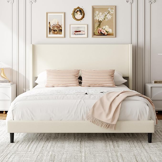 Sismplly Full Bed Frame with Wingback Headboard, Velvet Upholstered Platform Bed with Wooden Slats, 6.46“ Under Bed Storage, Metal Support, Noise Free, No Box Spring Needed, Beige