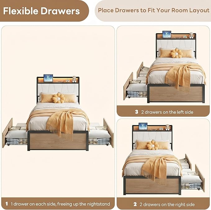 LIKIMIO Twin Bed Frames, DIY Storage Drawer Layout, Charging Station & LED Lights, Boucle Upholstered Platform Twin Bed Frame for Teen Rooms, Small Apartments & Bedrooms, Wood and Cream