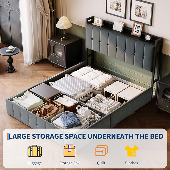 Garvee Queen Size Lift Up Storage Bed, Upholstered Velvet Bed Frame with Storage Headboard, Metal Platform Bed, No Box Spring Needed, Solid Wooden Slats, Noise Free, Grey