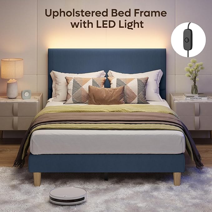 Bestier Full Bed Frame with Adjustable Headboard, LED Lighting, Vertical Channel Tufted Corduroy Upholstered, Solid Wooden Slats Support, No Box Spring Needed, Never Squeaks, Easy Assembly,Blue
