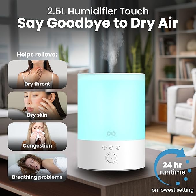 Everlasting Comfort 2.5L Top Fill Humidifier for Bedroom – Quiet, Easy to Fill & Clean, 24HR Runtime, Night Lights, Timer, Ultrasonic Cool Mist, Auto Shut-Off for Indoor Use - White
