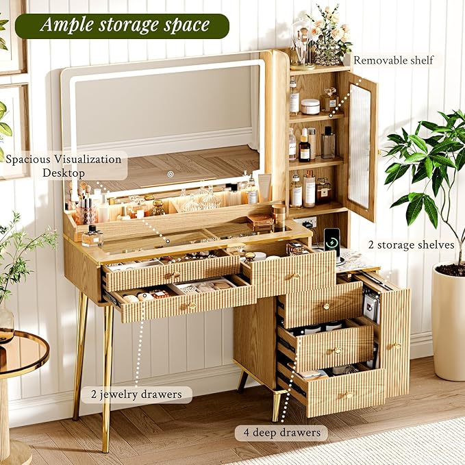 Arulvmrn Vanity Desk with 35.12" HD Lighted Mirror, 46.85" Big Modern Vanity Desk with Mirror and Lights, Makeup Vanity with 7 Drawers and Storage Shelves and Charging Station, Oak