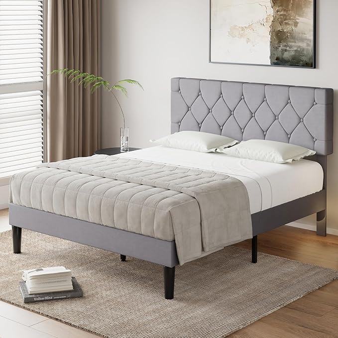 VECELO Queen Size Bed Frame with Button Tufted Headboard, Upholstered Platform Bedframe with Wood Slat Support, No Box Spring Needed, Velvet & White