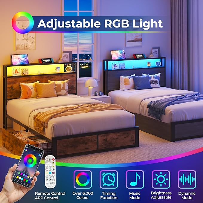 PHGLL Twin Bed Frame with 2-Tier Storage Headboard, Twin Size Metal Bed Frame with 2 Storage Drawers, 3-in-1 Charging Station & RGB LED, Noise-Free/Metal Support/No Box Spring Needed, Rustic Brown
