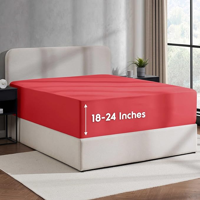 Nestl 4 Pack Red Fitted Sheet Extra Deep Pocket, Hotel Luxury QueenFitted Sheet Only Easily Fits 18 to 24 Inch Mattress, Super Soft, Wrinkle-Free and Breathable with Corner Straps