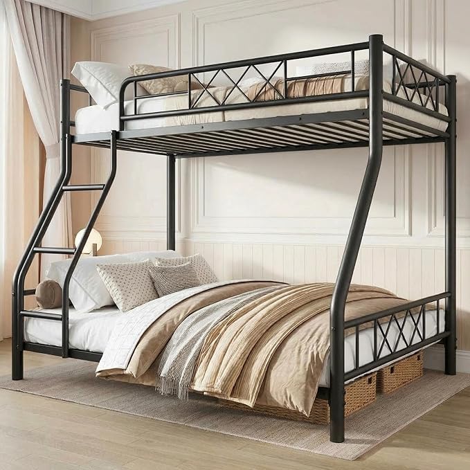 Garvee Metal Bunk Bed Twin Over Full, Heavy Duty Frame with Ladder & Guardrails, Sturdy Metal Slats, No Box Spring Needed, Space Saving for Dorm, Bedroom, Apartment, Matte Black