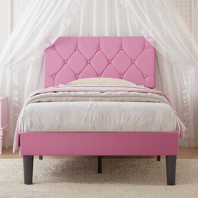 VECELO Twin Size Bed Frame with Button Tufted Headboard, Upholstered Platform Bedframe with Wood Slat Support, No Box Spring Needed, Linen Pink