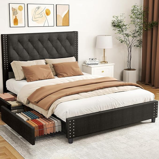 EVLIQUIL Bed Frame Queen Size with 4 Storage Drawers, Upholstered Headboard & Frame, Sturdy Metal Frame & Wood Slats, Platform Bed Frame No Box Spring Needed, Easy Assembly, Black