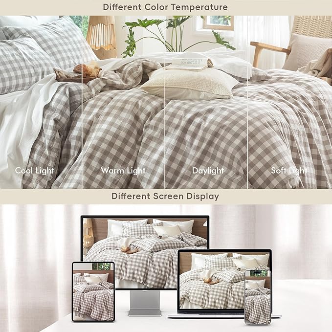 MooMee Gingham Duvet Cover Set 100% Washed Cotton Linen Like Textured Breathable Durable Soft Comfy Modern Checkered Design (Buffalo Plaid Tannish Linen Grey, Oversized Full 82"x86")