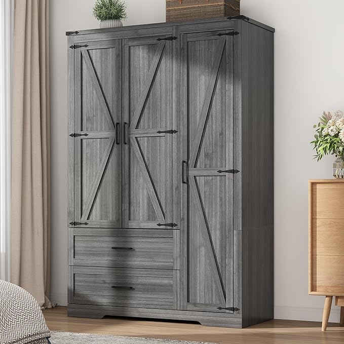 Hlivelood 3 Doors Wardrobe Armoire Closet with Doors and Drawers, Farmhouse Wooden Armoire Storage Cabinet with Shelves & Hanging Rod for Bedroom, Grey