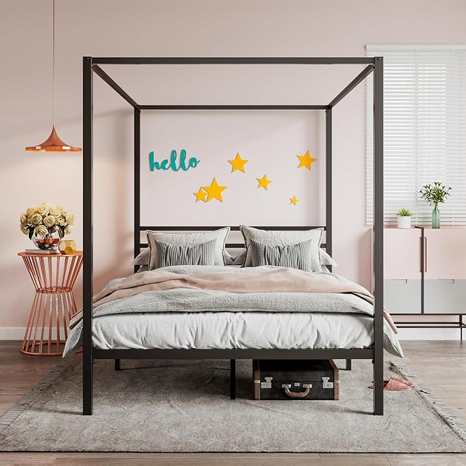 SHA CERLIN Canopy Bed Frame Full Size/Mattress Foundation with Metal Slats Support/No Box Spring Needed/Easy Assembly/Black