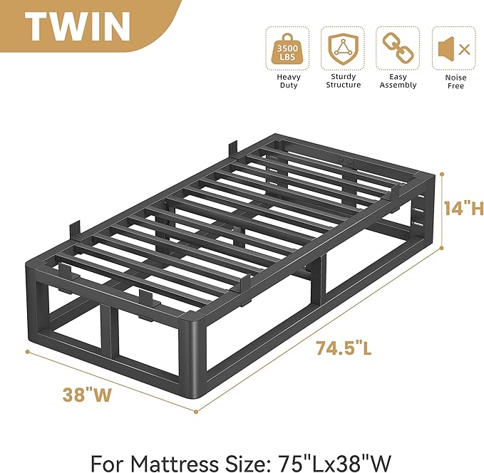 14 Inch Twin Bed Frames with Rounded Corner and Headboard Hole, Metal Platform Bed Frames 6 Non-Slip Guards, 3500lbs Heavy Duty Steel Slat Support, Squeak Free, No Box Spring Needed, Black