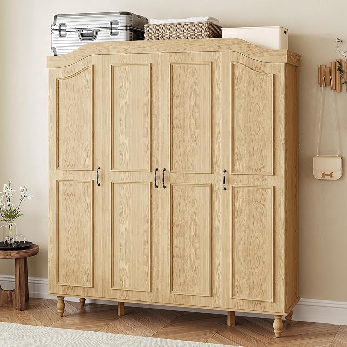 Arched Armoire Wardrobe Closet with 4 Doors, 71" H Wooden Large Capacity Wardrobe Cabinet with 2 Hanging Rods and 8 Shelves, Freestanding Armoire Storage Cabinet for Bedroom, Cloak Room, Natural