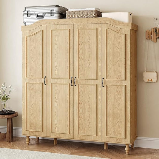 Arched Armoire Wardrobe Closet with 4 Doors, 71" H Wooden Large Capacity Wardrobe Cabinet with 2 Hanging Rods and 8 Shelves, Freestanding Armoire Storage Cabinet for Bedroom, Cloak Room, Natural