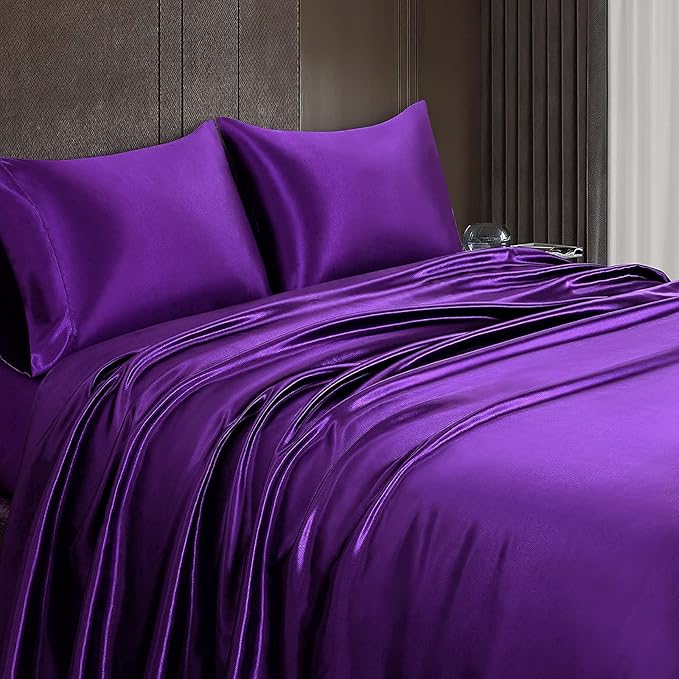 Homiest 4pcs Satin Sheets Set Luxury Silky Satin Bedding Set with Deep Pocket, 1 Fitted Sheet + 1 Flat Sheet + 2 Pillowcases (Full Size, Purple)