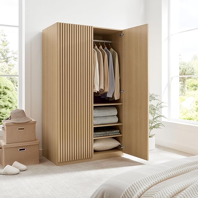 Modway Render Mid Century Modern Wardrobe Armoire Closet in Oak w/Vertical Slatted Doors - 71Inch Freestanding Closet w/Adjustable Shelves & Hanging Rods - Tall Bedroom Storage Cabinet