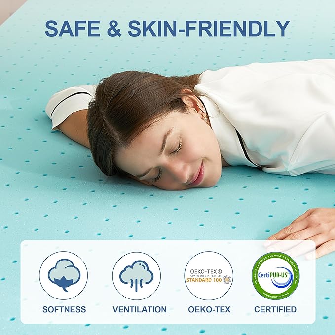 Eiayeebil 3 Inch Memory Foam Mattress Topper Twin XL, Mattress Pad Gel Infused Foam Bed Topper, Ventilated Soft Blue,Twin XL Size