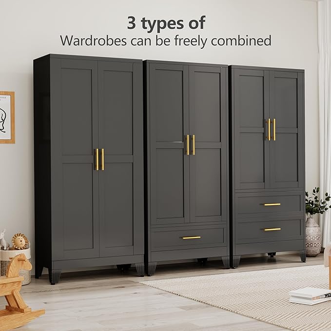 Metal Armoire Wardrobe Closet with Hanging Rod, Clothing Storage Cabinet with Adjustable Shelf and Drawer for Laundry Room, Bedroom, Home Office, Bathroom, 71" Black Large Capacit