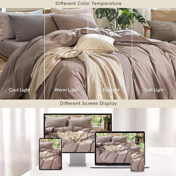 MooMee Bedding Duvet Cover Set 100% Washed Cotton Linen Like Textured Breathable Durable Soft Comfy (Heathered Mauve Brown, Oversized King Plus 128"x120")