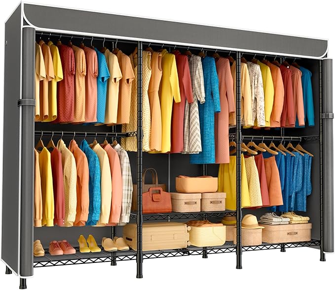 SEMHOR K01C Heavy Duty Clothes Rack with Grey Cover, Freestanding Portable Closet System with Shelves, Adjustable Carbon Steel Garment Rack, Black Clothing Racks for Hanging Clothes, 860LBS Max Load