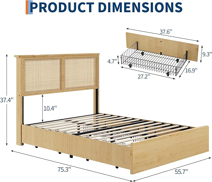 IDEALHOUSE Rattan Full Bed Frame with 4 Storage Drawer, LED Lights & Natural Rattan Headboard, Wood Full Size Bed Frame with Sturdy Wood Foundation, No Box Spring Needed, Natural