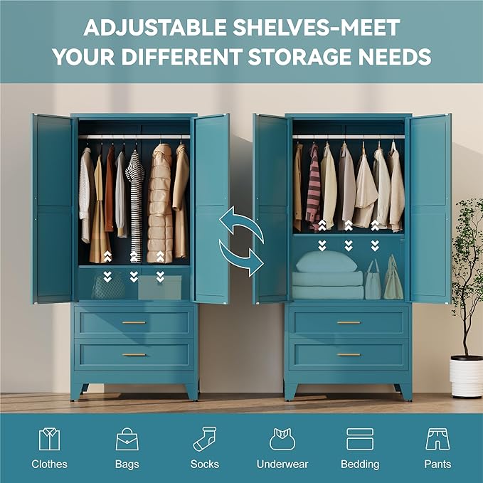 Baborokic Metal Wardrobe Cabinet with Hanging Rod, 71" Armoire Wardrobe Closet with 2 Drawers,Farmhouse Metal Clothing Storage Cabinets with Door and Adjustable Shelves for Bedroom,Laundry Room(Blue)