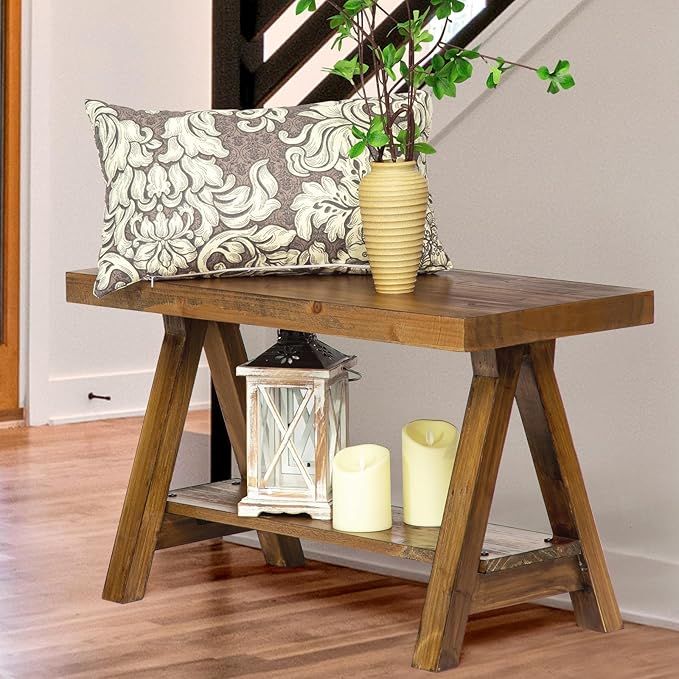 Wnutrees Farmhouse Wood Bench, Rustic Indoor Storage Bench for Entryway, Living Room, Dining Room, Solid Wood Construction, Original Wood