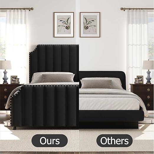 GarveeHome Queen Size Platform Bed Frame with 50.2 in Tall Headboard, Velvet Upholstered Bed Frame with Vertical Channel Tufted Headboard & Footboard, Nailhead Trim, No Box Spring Needed, Black