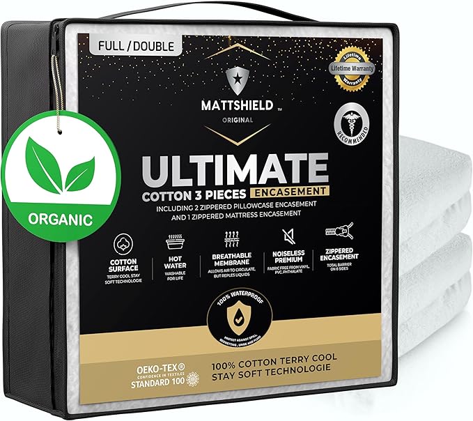 MATTSHIELD Ultimate Sensitive Skin 3-Piece Kit – Full Size Bed Bug Mattress Protector + 2 Zippered Pillow Covers – Organic Cotton Terry Top – Waterproof 6-Sided Encasement, Soft & Breathable