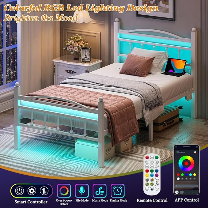 Jenmit Twin Bed Frames with Headboard, LED Bed Frame with Charging Station, Metal Platform, Under-Bed Storage, No Box Spring Needed, Noise Free, Easy Assembly, White
