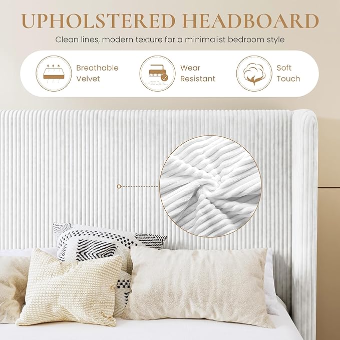 SHA CERLIN King Size Corduroy Upholstered Platform Bed Frame with Vertical Channel Tufted Wingback Headboard, 8" Under Bed Storage, Wooden Slats & Metal Frame Support, Easy Assembly, White
