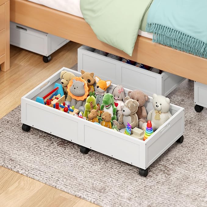 WISUCART Wood Under Bed Storage Containers Underbed Organizer with Wheels Sturdy Wood Rolling Under Bed Shoe Storage Organizer 2 Packs (White, Large)
