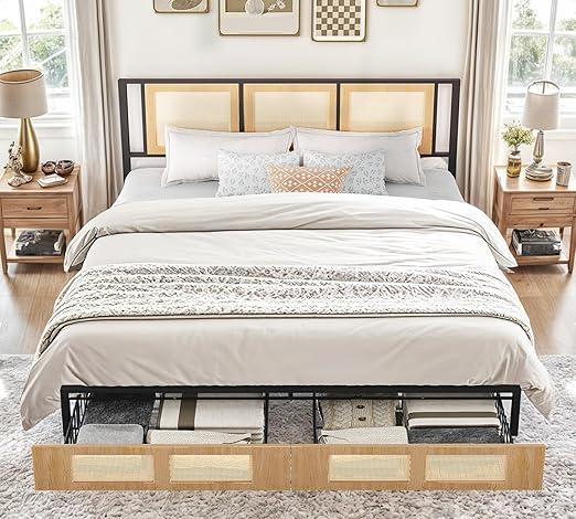 YITAHOME Natural Rattan King Bed Frame with Wooden Headboard and 2 Storage Drawers Underneath, Boho Cane Bed Platform Bed with Metal Slat, Noise Free, No Box Spring Needed,Wood