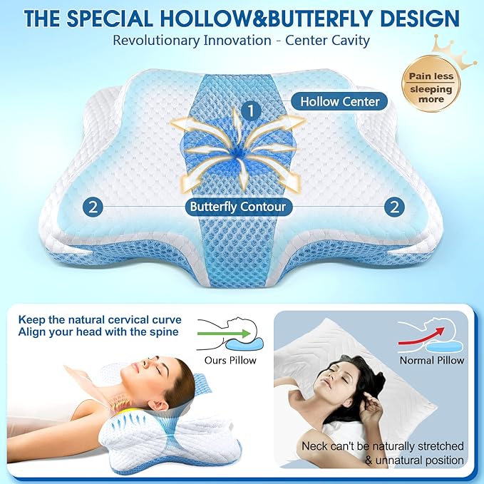 CHxxy Memory Foam Pillows, Cervical Pillow for Neck and Shoulder Pain Relief, Ergonomic Contour Bed Pillow, Soft for Side Sleep Stomach Sleeping and Back Sleeper-Queen Size & Light Blue