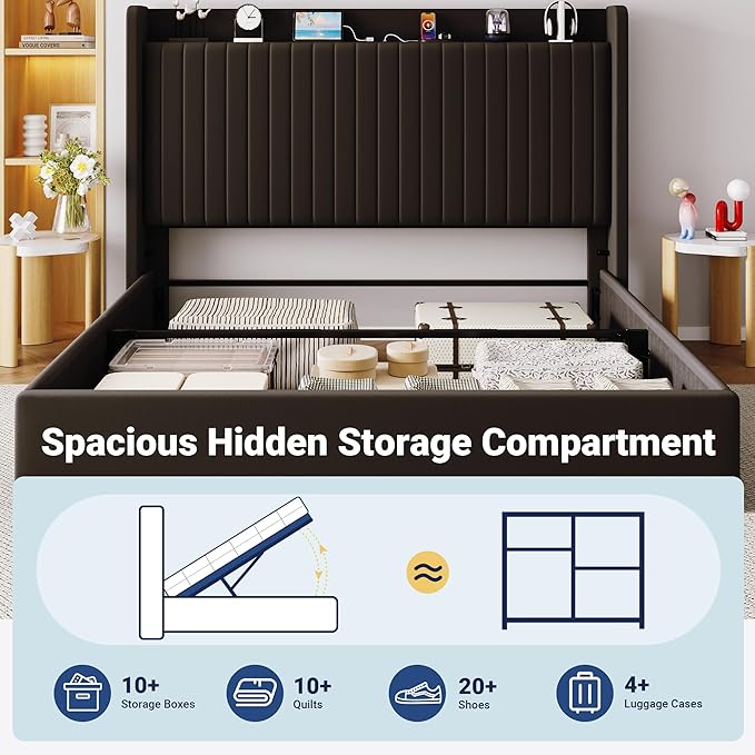 Allewie King Size Lift Up Storage Bed Frame,Storage Shelf Headboard with Charging Station,Type-C and USB Ports,Hydraulic Support,Velvet Upholstered Bed Frame,No Box Spring Needed,Black