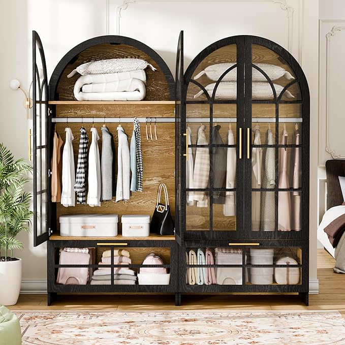 Armoire Wardrobe Closet with Drawer, 71”Tall Arched Wardrobe Cabinet with Hanging Rod&Glass Door – Wooden Freestanding Clothing Storage Cabinet Closet Organizer for Bedroom, Entryway or Dorm