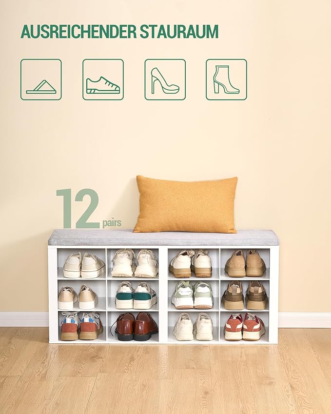 Hzuaneri Shoe Bench with Cushion, Entryway Storage Bench with 12 Cubbies, Cubby Shoe Rack with Adjustable Shelves, Shoe Organizer Cabinet for Living Room, Bedroom, Entryway, White SB19003GY