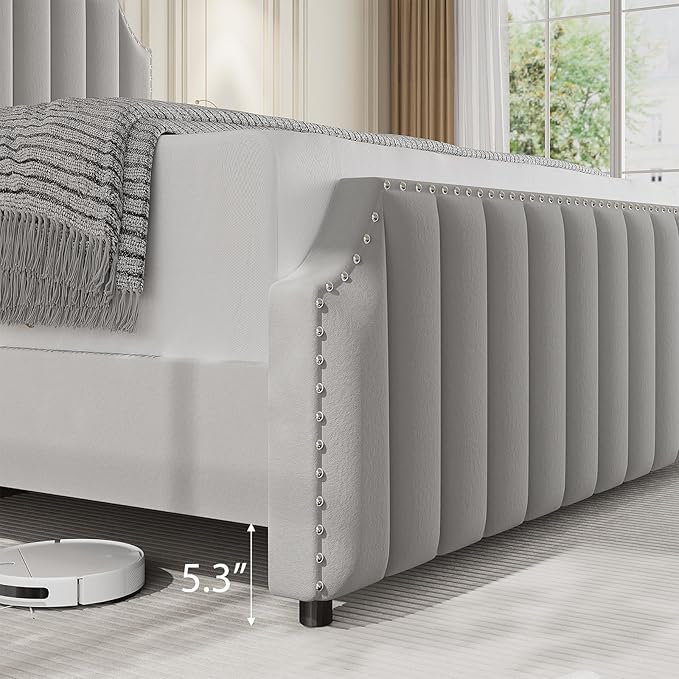 GarveeHome King Size Velvet Bed Frame, 50.2 in Tall Headboard & Footboard, Upholstered Platform King Bed Frame with Nailhead Trim, No Box Spring Needed, Noise Free, Solid Wooden Slats, Grey