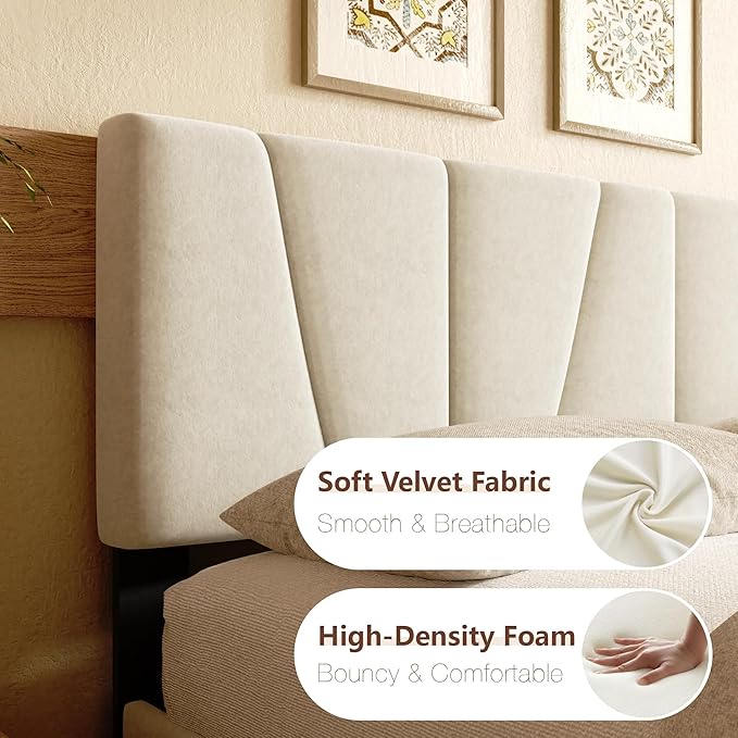 Full Size Bed Frame, Linen Upholstered Platform Bed with Headboard, Strong Wooden Slats Support, Noise-Free Mattress Foundation, No Box Spring Needed, Easy Assembly, Beige