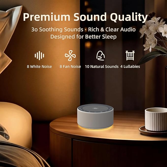 Kipcush White Noise Machine - Soft Non-Glare Nursery Lamp, 30 Soothing Sounds, 8 Color Lights, Max 8-Hour Timer for Baby & Adults (1 Grey, Standard)
